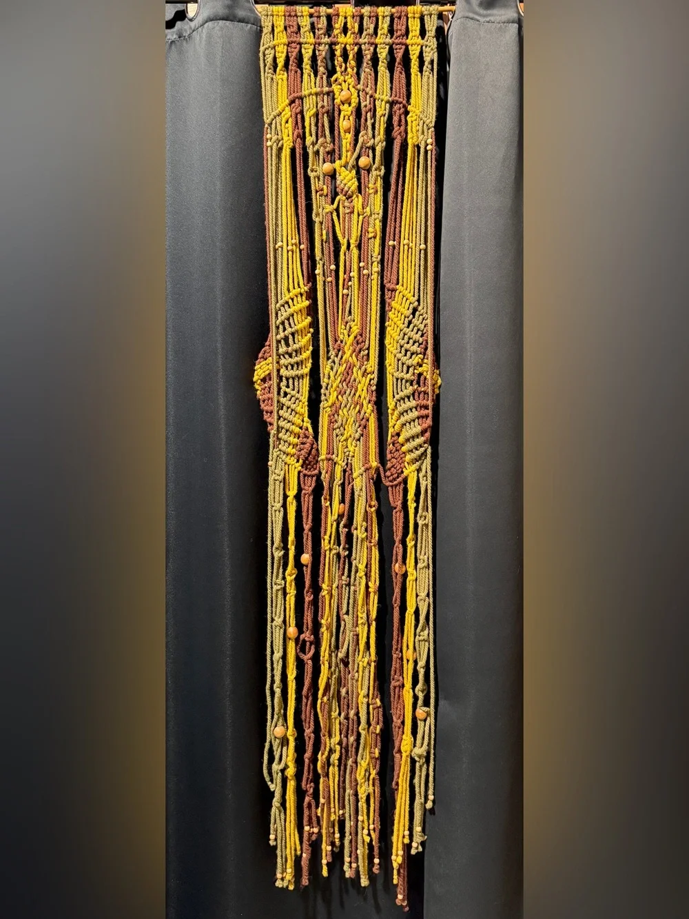 Vintage Handmade Macrame Wall Hanging 18” x 78” Hippie Boho Chic Brown 1970s